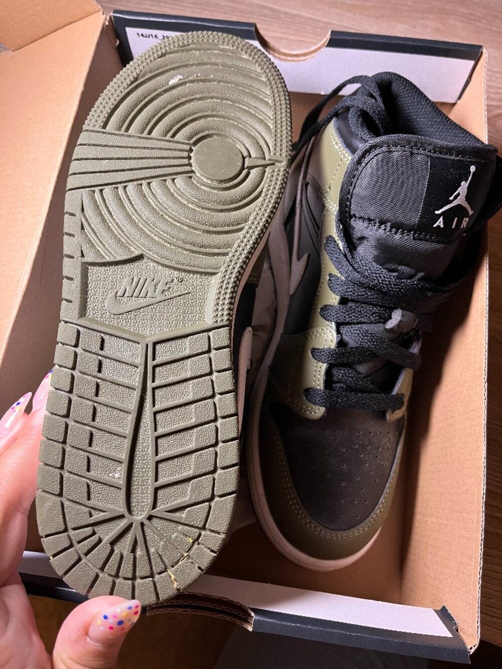 Boy's Air Jordan 1 Mid in the "Black White Medium Olive" (size 5.5Y)